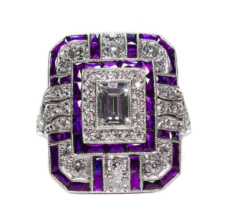 Goldenchen Fashion Jewelry Amethyst Silver Wedding Engagement Ring Art Deco Women Jewelry Gift Size 6-10 (7) - Image 1